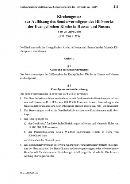 211 Kirchengesetz zur Auflösung des Sondervermögens des Hilfswerks der EKHN