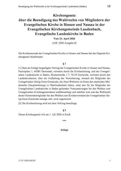 13 Beendigung des Wahlrechts in der Kirchengemeinde Laudenbach (Baden)