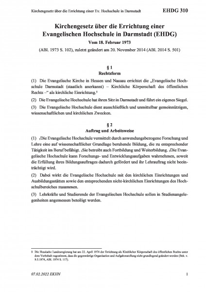 310 Kirchengesetz über die Errichtung einer Ev. Hochschule in Darmstadt