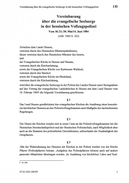 135 Vereinbarung über die evangelische Seelsorge in der hessischen Vollzugspolizei