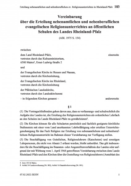 183 Erteilung nebenamtlichen und nebenberuflichen ev. Religionsunterrichtes in Rheinland-Pfalz