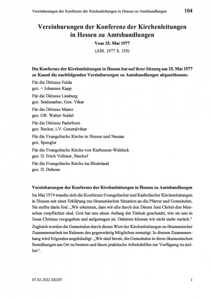 104 Vereinbarungen der Konferenz der Kirchenleitungen in Hessen zu Amtshandlungen