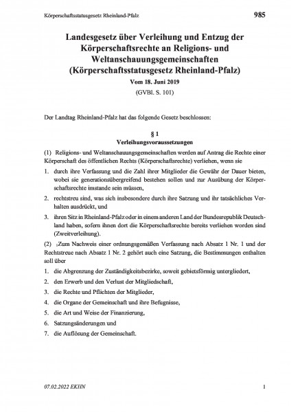 985 Körperschaftsstatusgesetz Rheinland-Pfalz