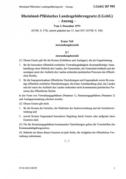 995 Rheinland-Pfälzisches Landesgebührengesetz – Auszug –