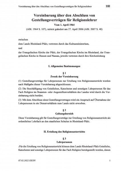 181 Vereinbarung über den Abschluss von Gestellungsverträgen für Religionslehrer