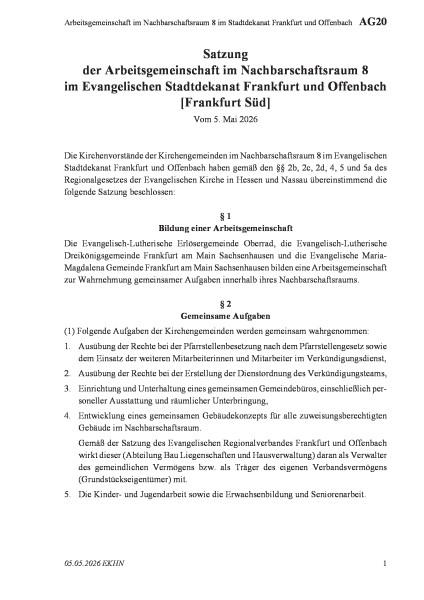 AG20 Arbeitsgemeinschaft im Nachbarschaftsraum 8 im Stadtdekanat Frankfurt und Offenbach