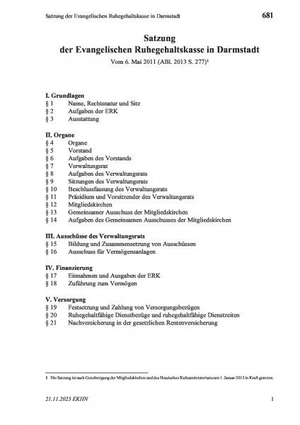 681 Satzung der Evangelischen Ruhegehaltskasse in Darmstadt