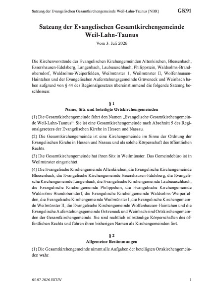 GK91 Satzung der Evangelischen Gesamtkirchengemeinde Weil-Lahn-Taunus [NBR]
