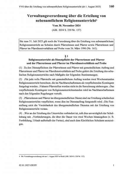 160 VVO über die Erteilung von nebenamtlichem Religionsunterricht (ab 1. August 2025)