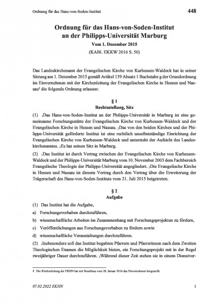 448 Ordnung für das Hans-von-Soden-Institut