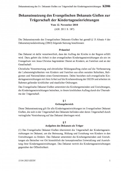 KD06 Dekanatssatzung des Ev. Dekanats Gießen zur Trägerschaft der Kindertageseinrichtungen