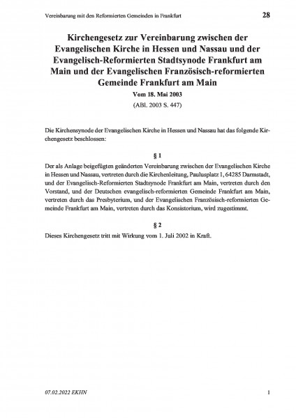 28 Vereinbarung mit den Reformierten Gemeinden in Frankfurt