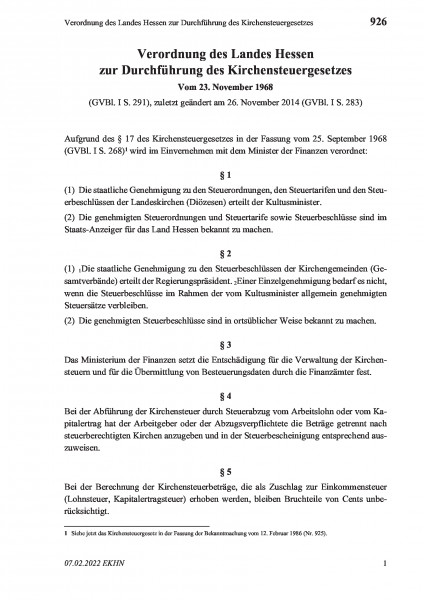 926 Verordnung des Landes Hessen zur Durchführung des Kirchensteuergesetzes