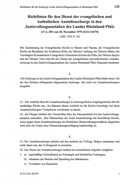 125 Richtlinien für die Seelsorge in den Justizvollzugsanstalten in Rheinland-Pfalz